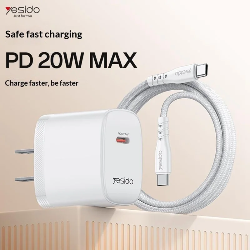 YESIDO YC18U US Plug PD 20W USB-C Fast Charging Adapter Wall Charger with 1m Type-C Cable for iPhone iPad - White