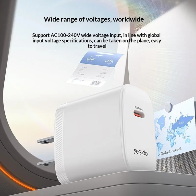 YESIDO YC18U US Plug PD 20W USB-C Fast Charging Adapter Wall Charger with 1m Type-C Cable for iPhone iPad - White