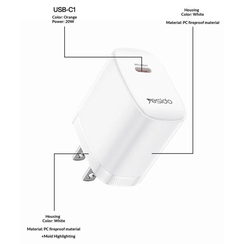 YESIDO YC18U US Plug PD 20W USB-C Fast Charging Adapter Wall Charger with 1m Type-C Cable for iPhone iPad - White