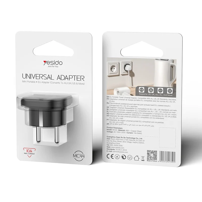 YESIDO MC44 EU Plug to Universal Socket Global Travel Adapter 100V-250V 10A Multi-Country Converter