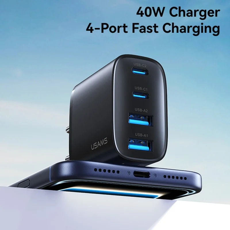 Adaptateur secteur USAMS CC330 T70 2 USB-A + 2 USB-C 4 ports GaN 20 W Chargeur rapide, prise UE - Noir