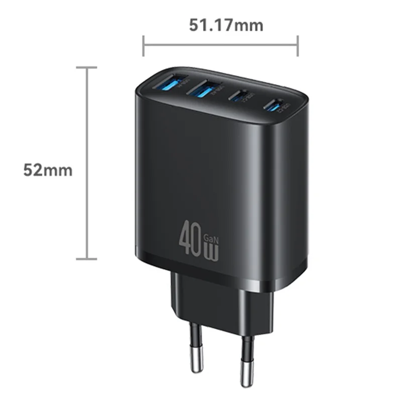 Adaptateur secteur USAMS CC330 T70 2 USB-A + 2 USB-C 4 ports GaN 20 W Chargeur rapide, prise UE - Noir