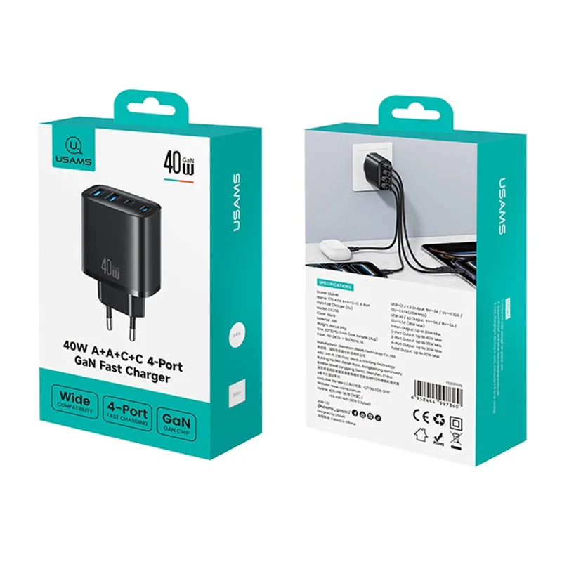 Adaptateur secteur USAMS CC330 T70 2 USB-A + 2 USB-C 4 ports GaN 20 W Chargeur rapide, prise UE - Noir