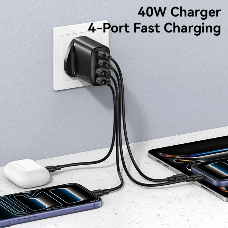 USAMS CC332 T70 2 USB-A + 2 USB-C 4-Port GaN Power Adapter 20W Fast Charger, UK Plug - Black