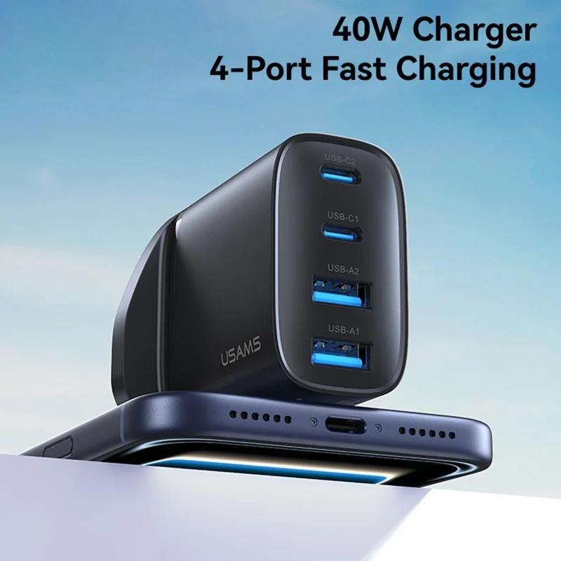 USAMS CC332 T70 2 USB-A + 2 USB-C 4-Port GaN Power Adapter 20W Fast Charger, UK Plug - Black