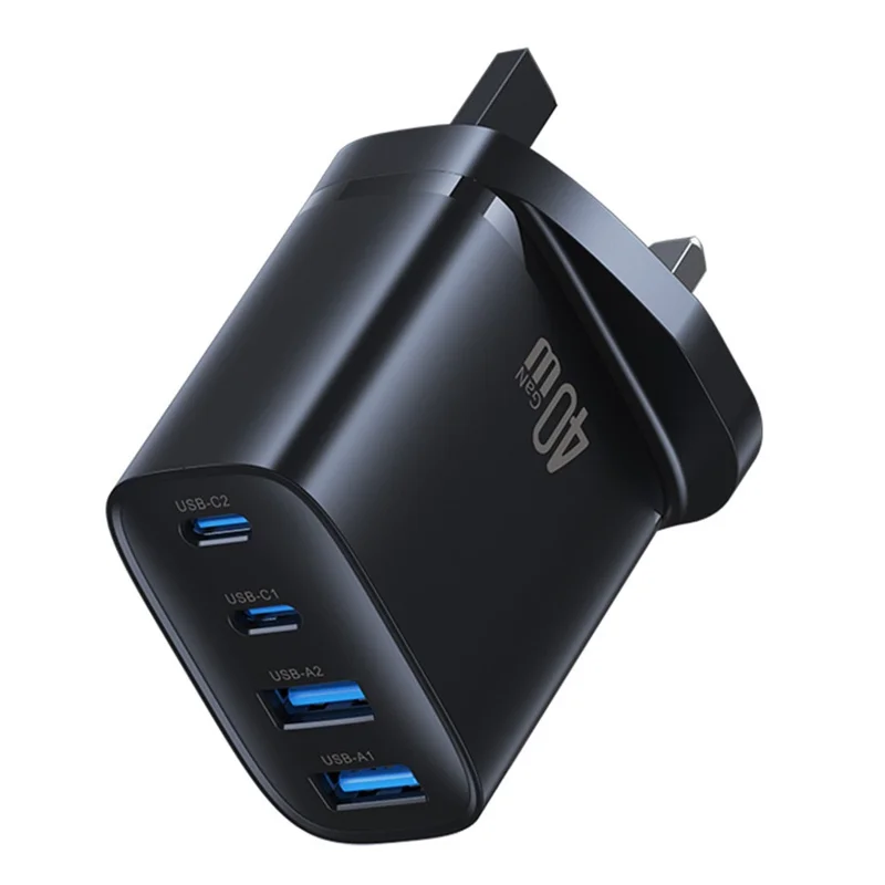 USAMS CC332 T70 2 USB-A + 2 USB-C 4-Port GaN Power Adapter 20W Fast Charger, UK Plug - Black