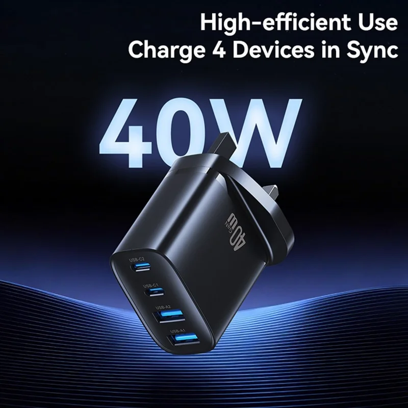 USAMS CC332 T70 2 USB-A + 2 USB-C 4-Port GaN Power Adapter 20W Fast Charger, UK Plug - Black