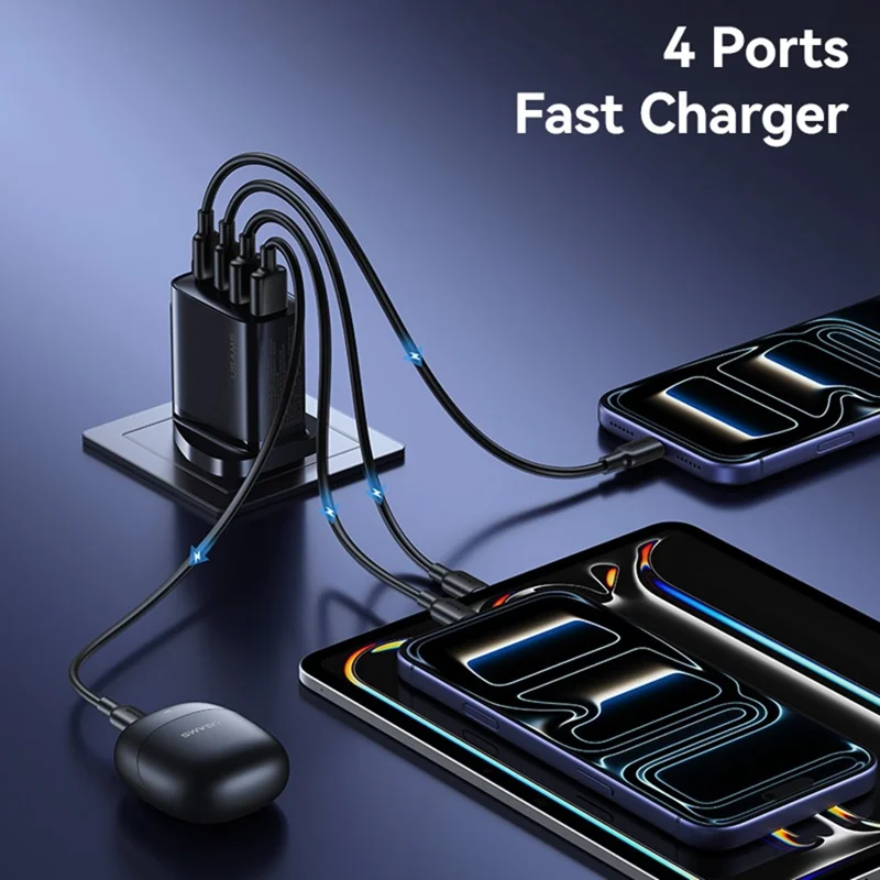 USAMS CC332 T70 2 USB-A + 2 USB-C 4-Port GaN Power Adapter 20W Fast Charger, UK Plug - Black