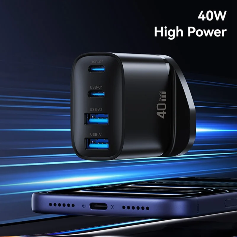 USAMS CC332 T70 2 USB-A + 2 USB-C 4-Port GaN Power Adapter 20W Fast Charger, UK Plug - Black