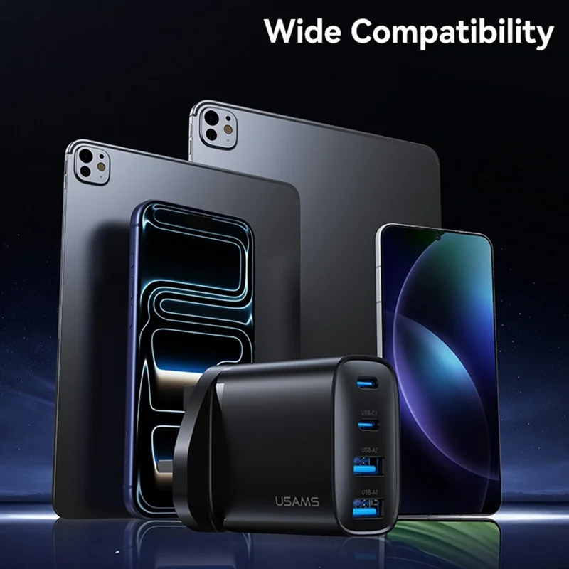 USAMS CC332 T70 2 USB-A + 2 USB-C 4-Port GaN Power Adapter 20W Fast Charger, UK Plug - Black