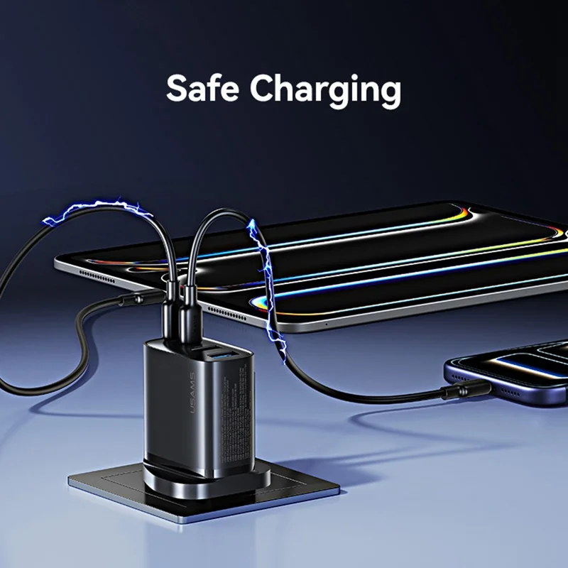 USAMS CC332 T70 2 USB-A + 2 USB-C 4-Port GaN Power Adapter 20W Fast Charger, UK Plug - Black