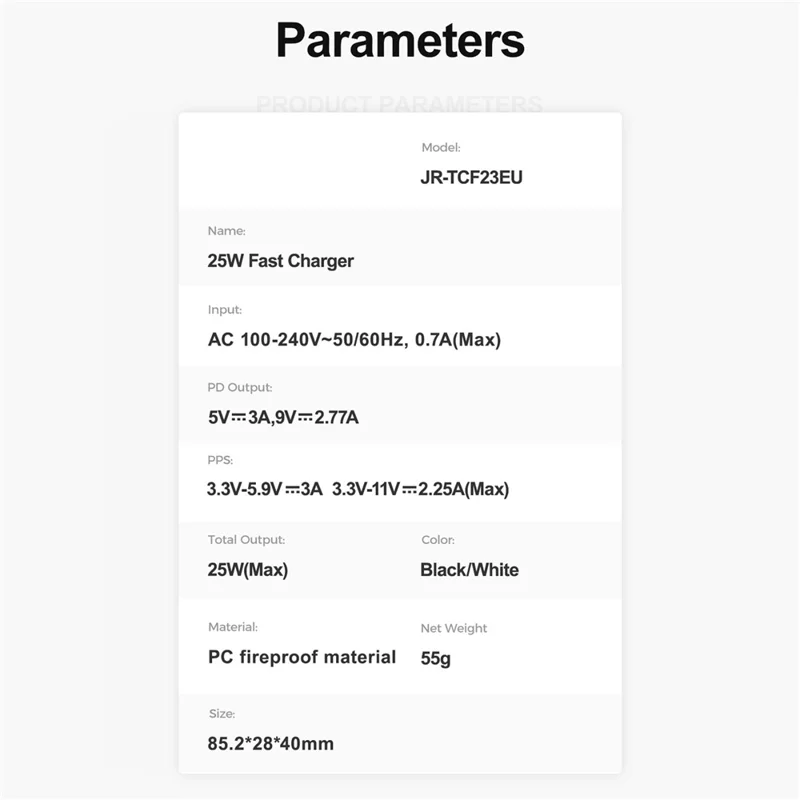 JOYROOM JR-TCF23 Carregador USB-C 25 W com Cabo Tipo-C 1 m, Carregamento Rápido, Tomada UE - Preto