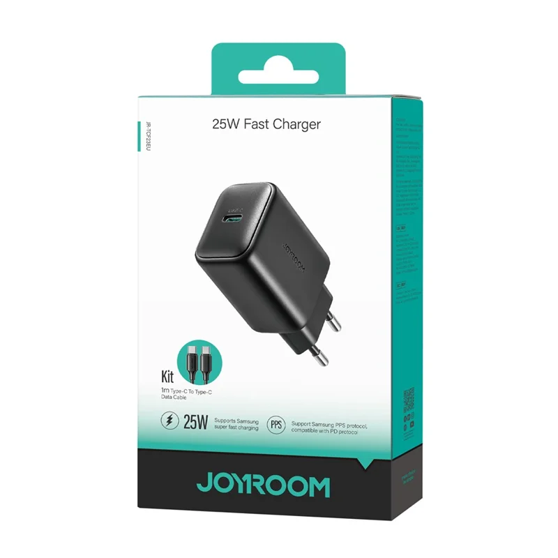 JOYROOM JR-TCF23 Carregador USB-C 25 W com Cabo Tipo-C 1 m, Carregamento Rápido, Tomada UE - Preto