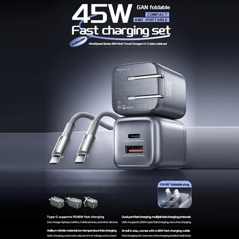 REMAX CA-25 45W Fast Charger Type-C + USB-A GaN Travel Adapter Foldable Charger with 1.2m USB-C Cable, EU Plug - Tarnish