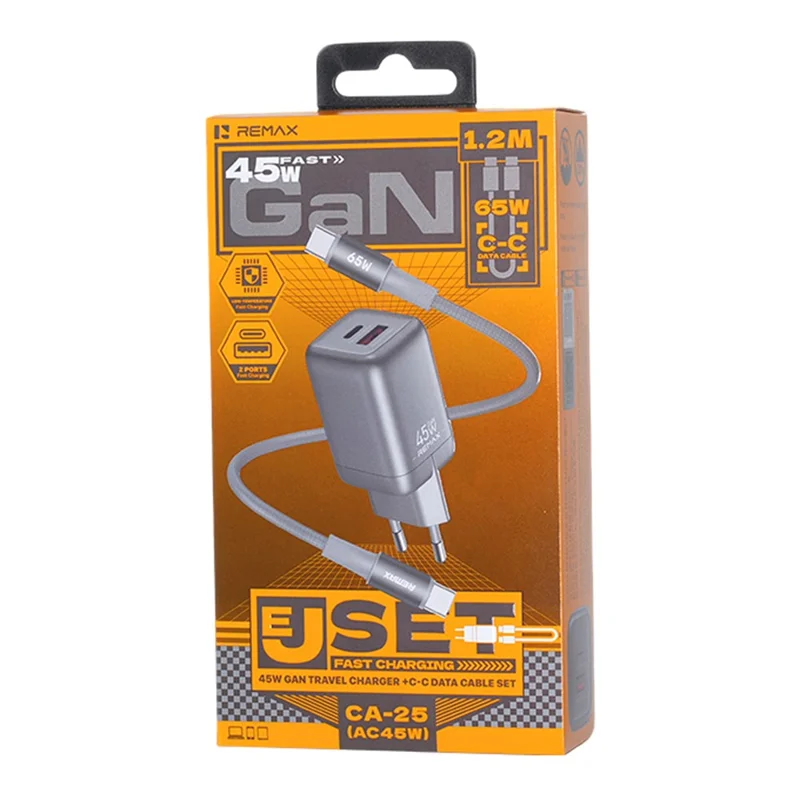 REMAX CA-25 45W Fast Charger Type-C + USB-A GaN Travel Adapter Foldable Charger with 1.2m USB-C Cable, EU Plug - Tarnish