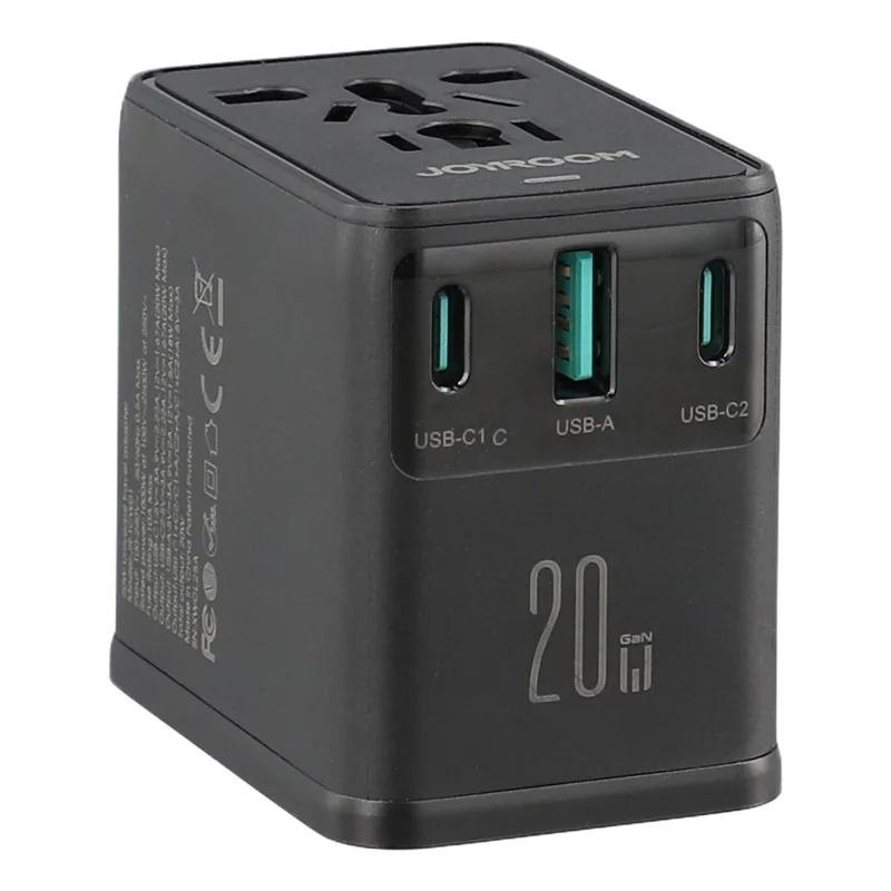 JOYROOM JR-TCW01 20W Universal Travel Adapter 2 USB-C + UBS-A GaN Charger - Black