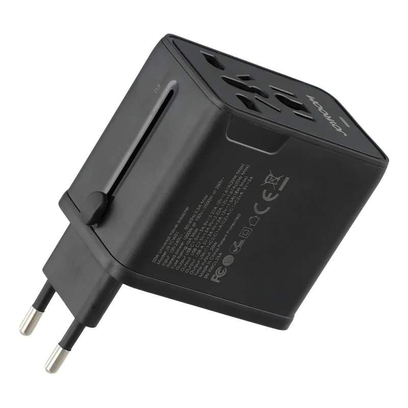 JOYROOM JR-TCW01 20W Universal Travel Adapter 2 USB-C + UBS-A GaN Charger - Black