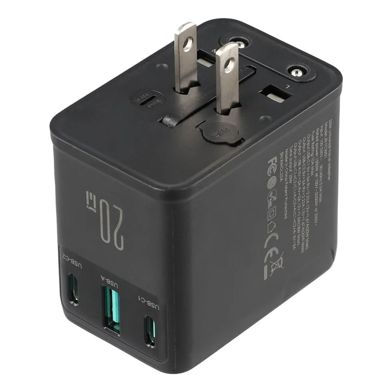 JOYROOM JR-TCW01 20W Universal Travel Adapter 2 USB-C + UBS-A GaN Charger - Black