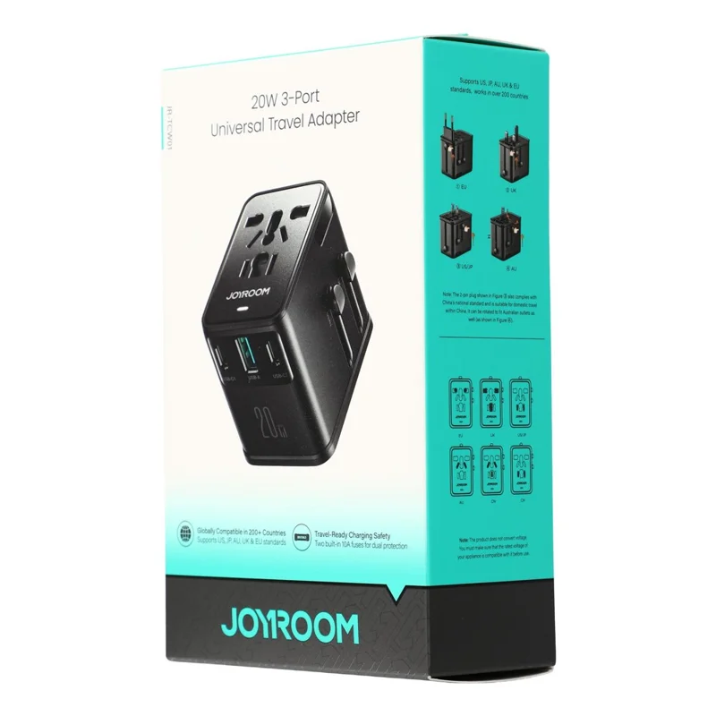 JOYROOM JR-TCW01 20W Universal Travel Adapter 2 USB-C + UBS-A GaN Charger - Black
