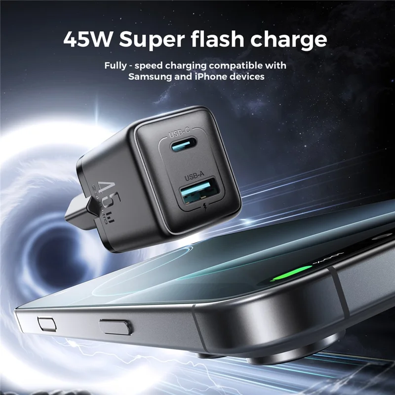 JOYROOM JR-TG8 45W GaN Charger USB-A + USB-C Dual Ports Fast Charging Adapter - EU Plug / Black