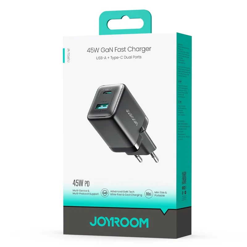 JOYROOM JR-TG8 45W GaN Charger USB-A + USB-C Dual Ports Fast Charging Adapter - EU Plug / Black