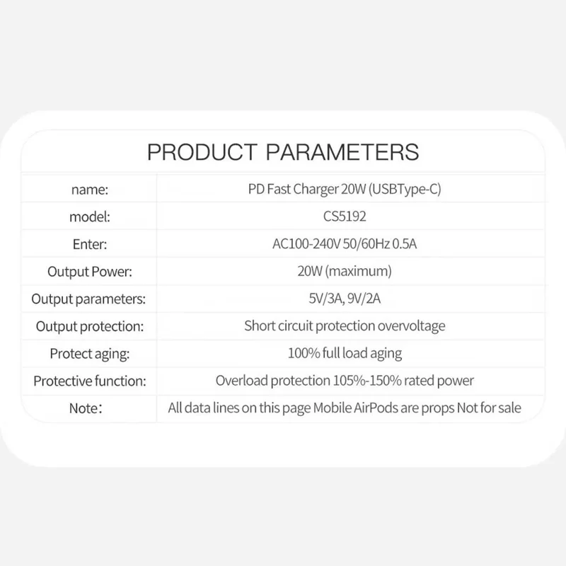 COTECI CS5192 PD 20W Fast Charger Type-C Power Adapter - US Plug
