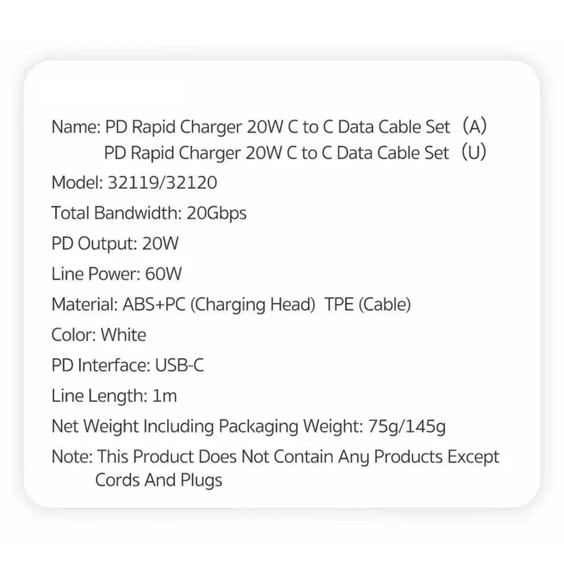 COTECI 1 м, 20 Вт, быстрое зарядное устройство, кабель USB-C – USB-C, передача данных 20 Гбит/с - 32119, вилка US / белый