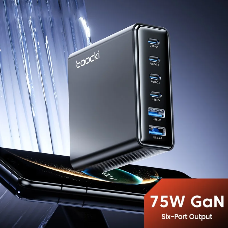 TOOCKI TCT75-22 75W GaN Desktop Charger 6 Ports 4 USB-C+2 USB-A Fast Charging Station - EU Plug