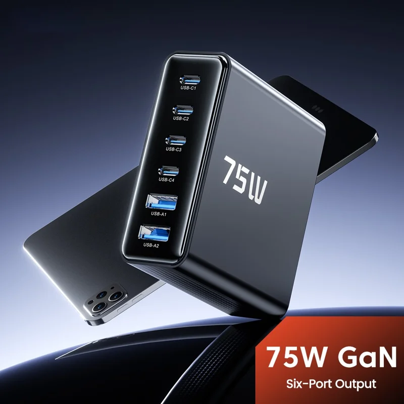 TOOCKI TCT75-22 75W GaN Desktop Charger 6 Ports 4 USB-C+2 USB-A Fast Charging Station - EU Plug