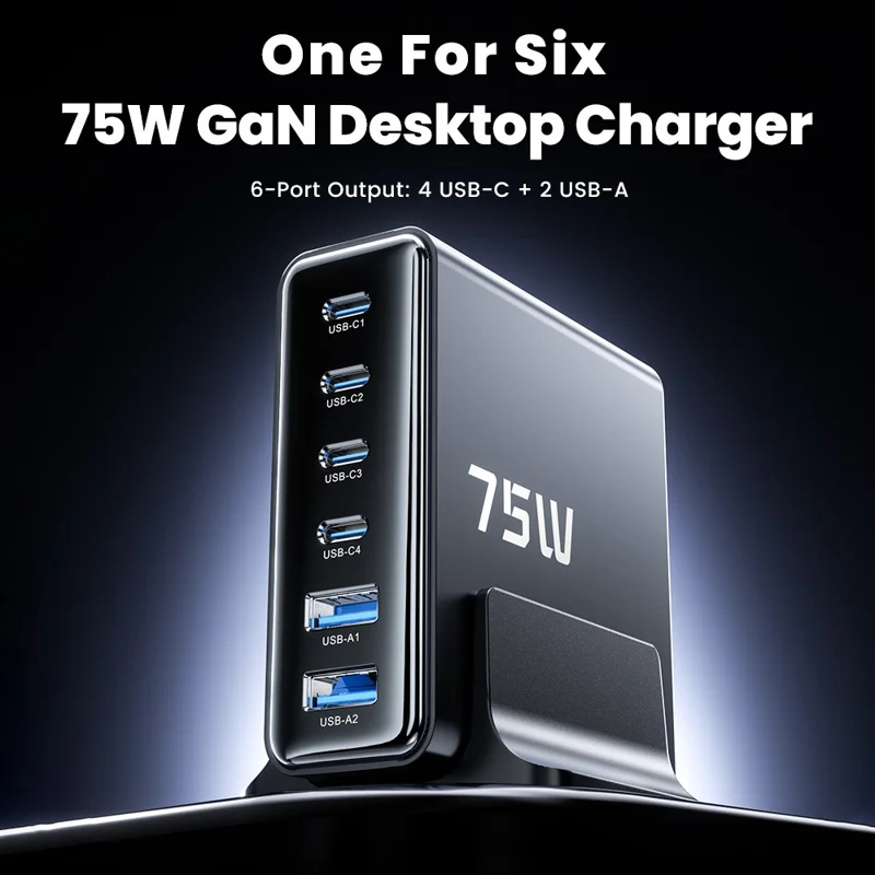TOOCKI TCT75-22 75W GaN Desktop Charger 6 Ports 4 USB-C+2 USB-A Fast Charging Station - EU Plug