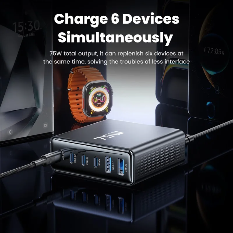 TOOCKI TCT75-22 75W GaN Desktop Charger 6 Ports 4 USB-C+2 USB-A Fast Charging Station - EU Plug
