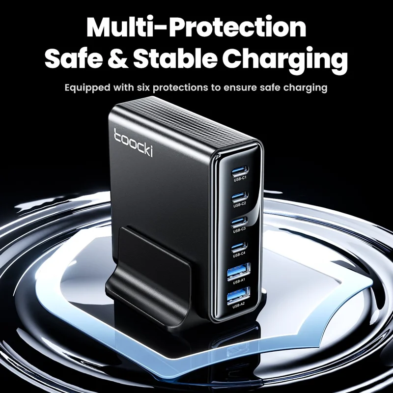 TOOCKI TCT75-22 75W GaN Desktop Charger 6 Ports 4 USB-C+2 USB-A Fast Charging Station - EU Plug