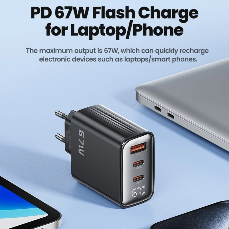 TOOCKI TCT67-22 67W GaN Wall Charger 3 USB Ports 67W PD Fast Charging Adapter with Digital Display for iPhone MacBook - EU Plug