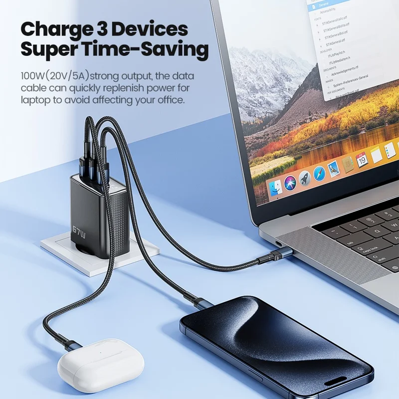 TOOCKI TCT67-22 67W GaN Wall Charger 3 USB Ports 67W PD Fast Charging Adapter with Digital Display for iPhone MacBook - EU Plug