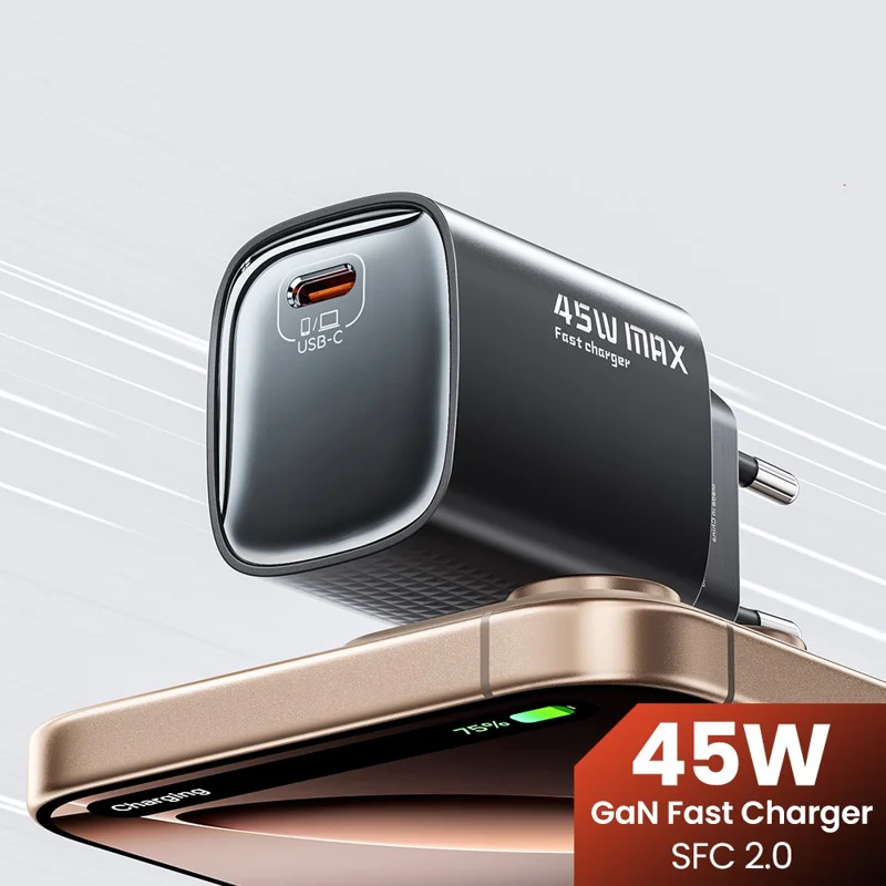 TOOCKI TCT45-22AB 45W GaN USB-C Fast Charger PD Quick Charging Wall Charger Adapter for iPhone iPad Samsung - EU Plug