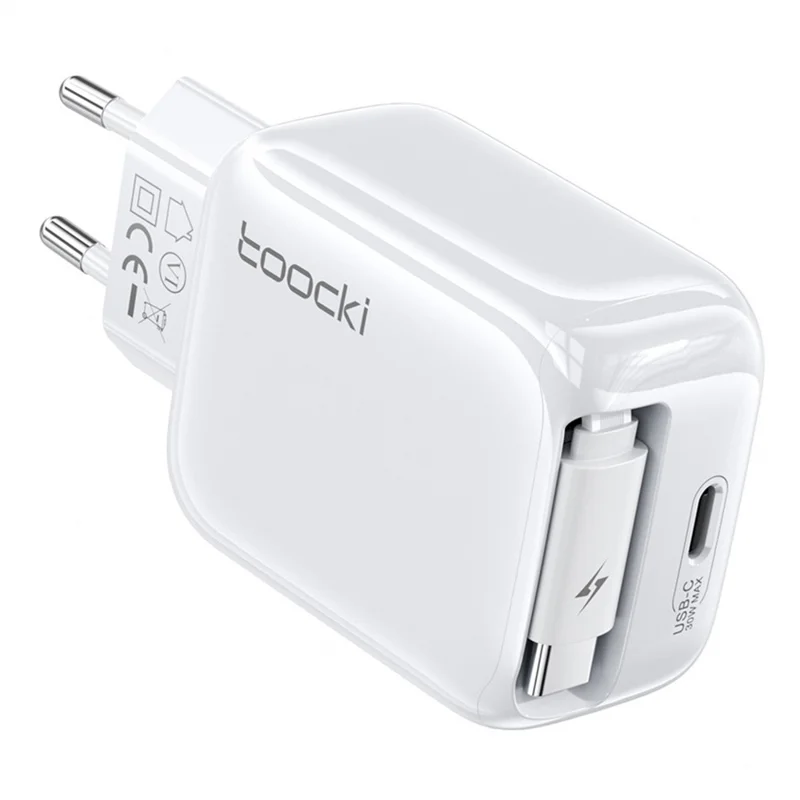 TOOCKI TC55302 30W GaN-laddare med inbyggd 68 cm utdragsbar USB-C-kabel 2-i-1 snabbladdningsadapter - Vit / EU-uttag