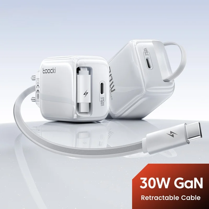 TOOCKI TC55302 30W GaN-laddare med inbyggd 68 cm utdragsbar USB-C-kabel 2-i-1 snabbladdningsadapter - Vit / EU-uttag