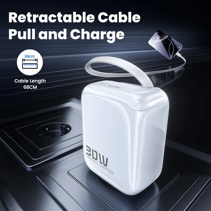 TOOCKI TC55302 30W GaN-laddare med inbyggd 68 cm utdragsbar USB-C-kabel 2-i-1 snabbladdningsadapter - Vit / EU-uttag