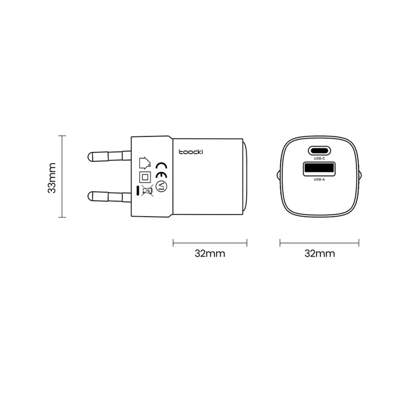 TOOCKI 20W Mini GaN Wall Charger Dual Port USB-C+USB-A PD Fast Charging Power Adapter - EU Plug  /  TC2220A2