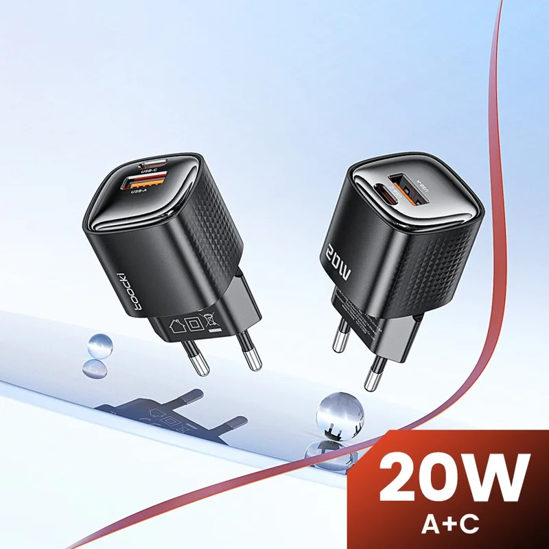 TOOCKI 20W Mini GaN Wall Charger Dual Port USB-C+USB-A PD Fast Charging Power Adapter - EU Plug  /  TC2220A2