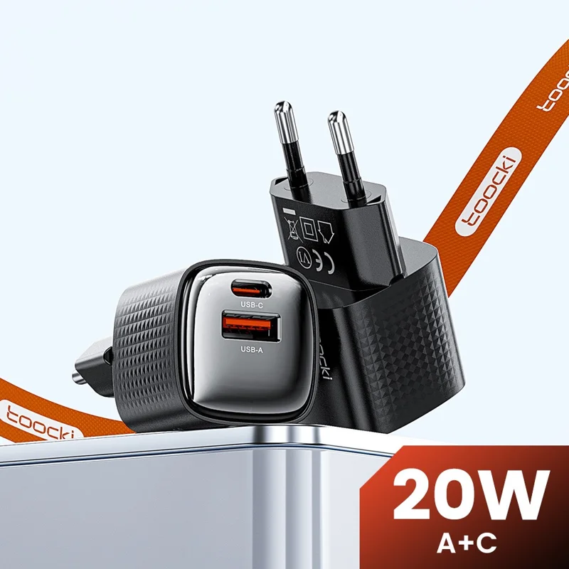 TOOCKI 20W Mini GaN Wall Charger Dual Port USB-C+USB-A PD Fast Charging Power Adapter - EU Plug  /  TC2220A2