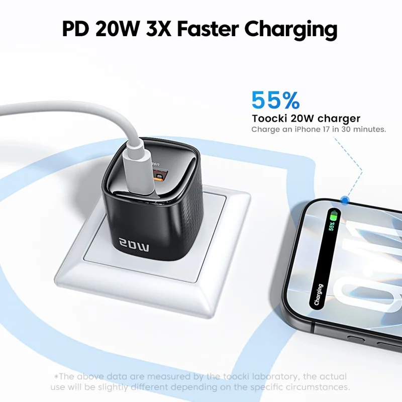 TOOCKI 20W Mini GaN Wall Charger Dual Port USB-C+USB-A PD Fast Charging Power Adapter - EU Plug  /  TC2220A2