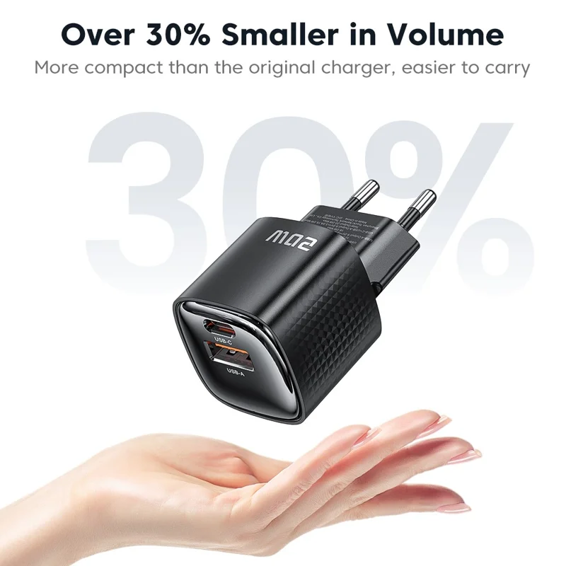 TOOCKI 20W Mini GaN Wall Charger Dual Port USB-C+USB-A PD Fast Charging Power Adapter - EU Plug  /  TC2220A2