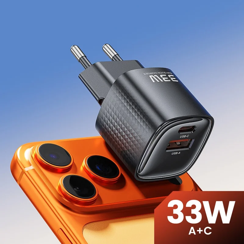 TOOCKI 33W Mini GaN Charger, dobbelt port USB-C+USB-A hurtiglader - EU-stecker / TC22332