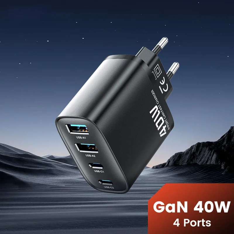 TOOCKI TC53402 40W GaN Fast Charger 4-Port 2 USB-C 2 USB-A 20W PD Quick Charging Power Adapter - Czarny / Wtyk UE