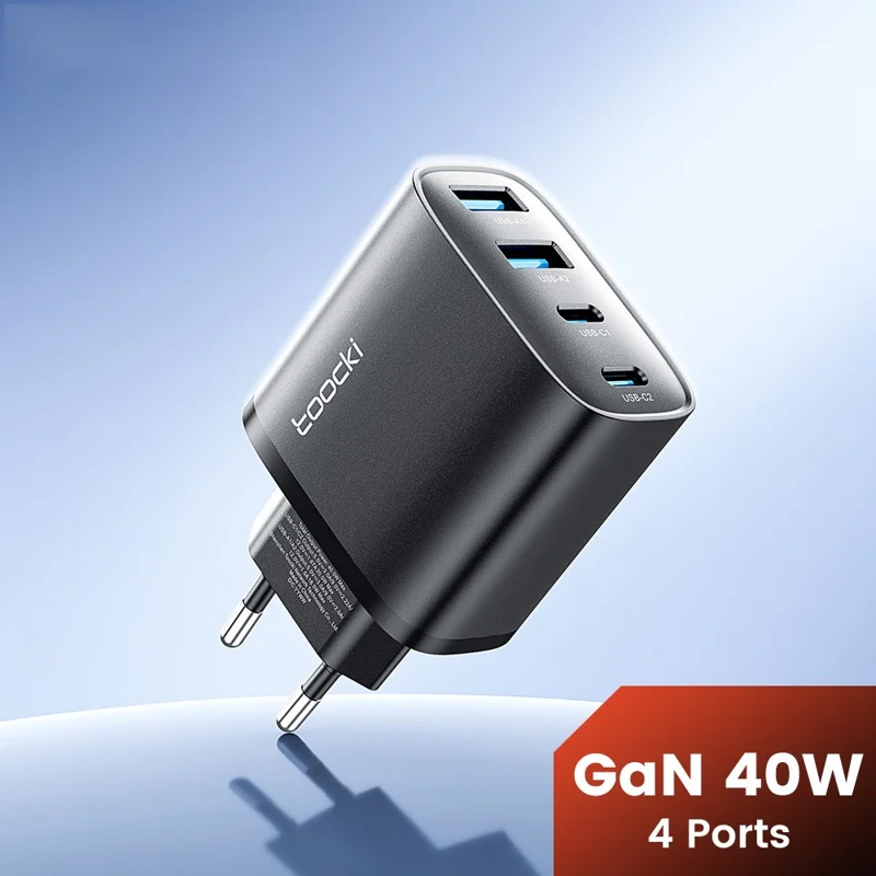 TOOCKI TC53402 40W GaN Fast Charger 4-Port 2 USB-C 2 USB-A 20W PD Quick Charging Power Adapter - Czarny / Wtyk UE
