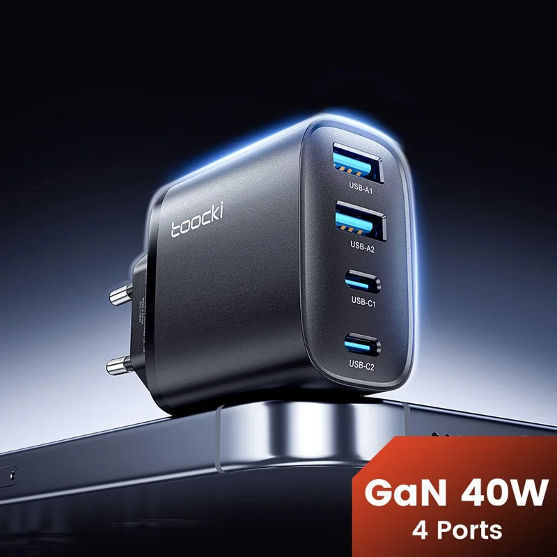 TOOCKI TC53402 40W GaN Fast Charger 4-Port 2 USB-C 2 USB-A 20W PD Quick Charging Power Adapter - Czarny / Wtyk UE