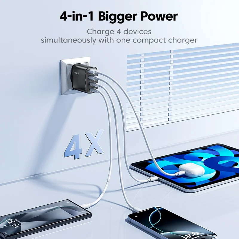 TOOCKI TC53402 40W GaN Fast Charger 4-Port 2 USB-C 2 USB-A 20W PD Quick Charging Power Adapter - Czarny / Wtyk UE