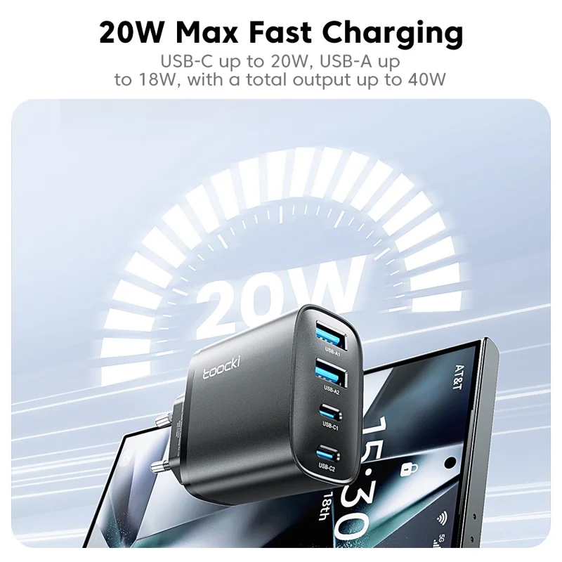 TOOCKI TC53402 40W GaN Fast Charger 4-Port 2 USB-C 2 USB-A 20W PD Quick Charging Power Adapter - Czarny / Wtyk UE