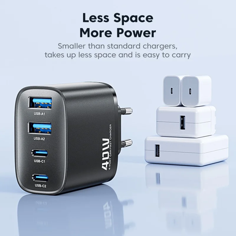 TOOCKI TC53402 40W GaN Fast Charger 4-Port 2 USB-C 2 USB-A 20W PD Quick Charging Power Adapter - Czarny / Wtyk UE